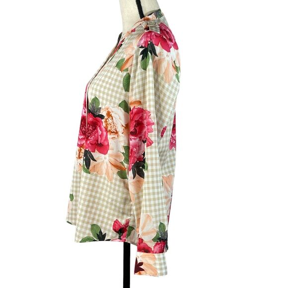 Calvin Klein Small Top Floral Checked Long Roll-Tab Sleeves V-Neck Button-Up - Picture 7 of 12